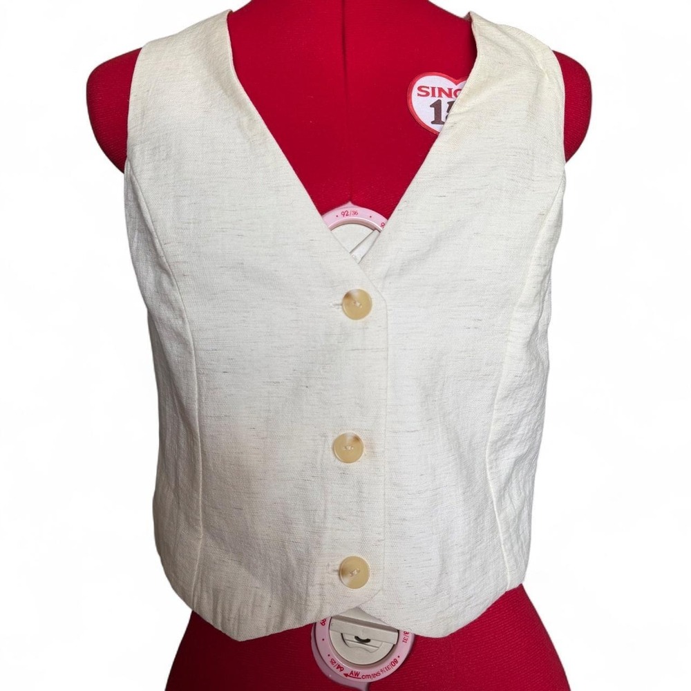 Monteau Cream Linen Blend Button Front Vest Menswear Office Work Small NWT